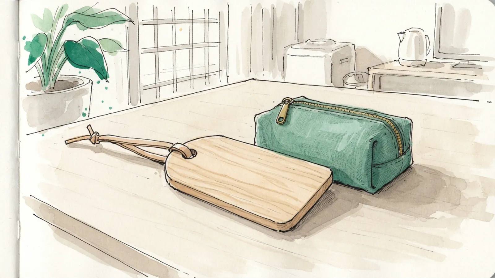 A close-up of a plain wooden luggage tag and a small, closed travel pouch on a table.