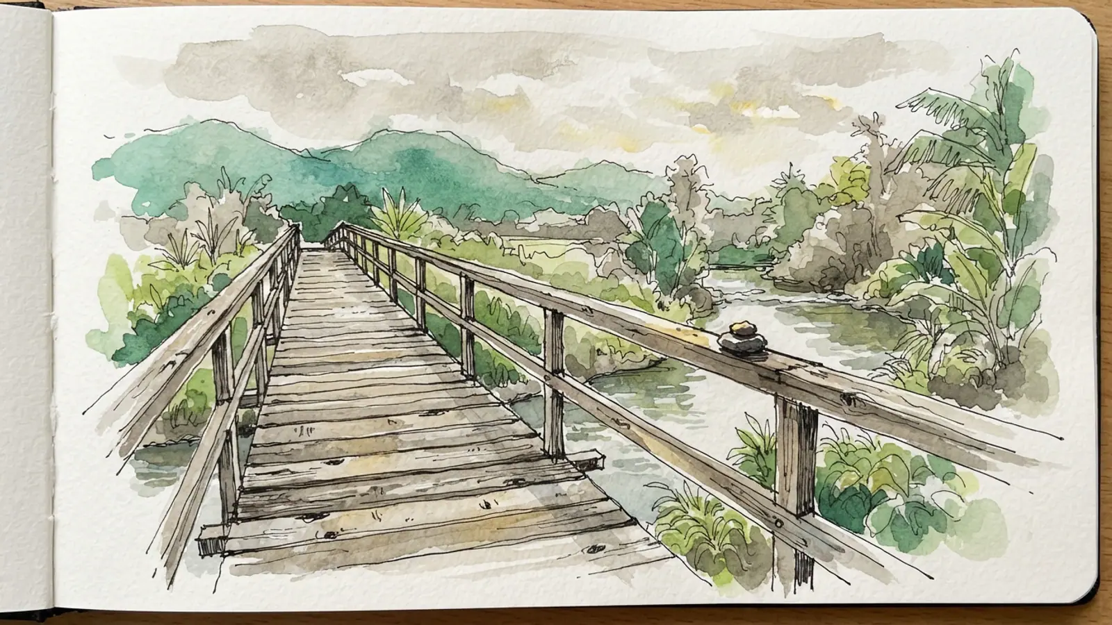 A plain wooden bridge over a stream with a small offering stone on the railing.