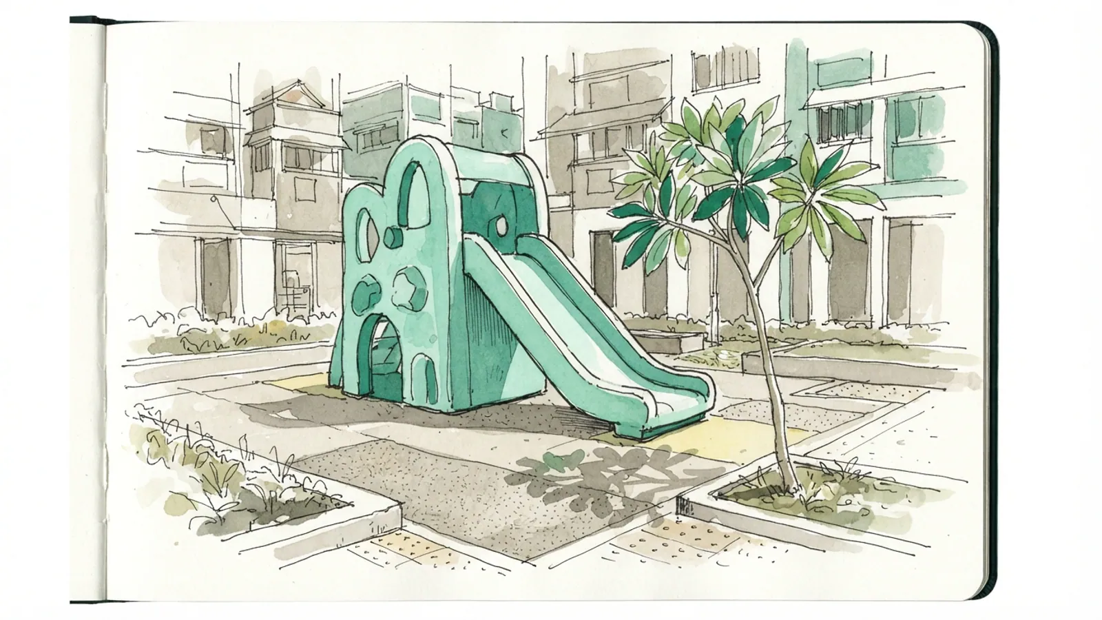 An empty green slide with abstract shapes in an HDB playground under the sun.