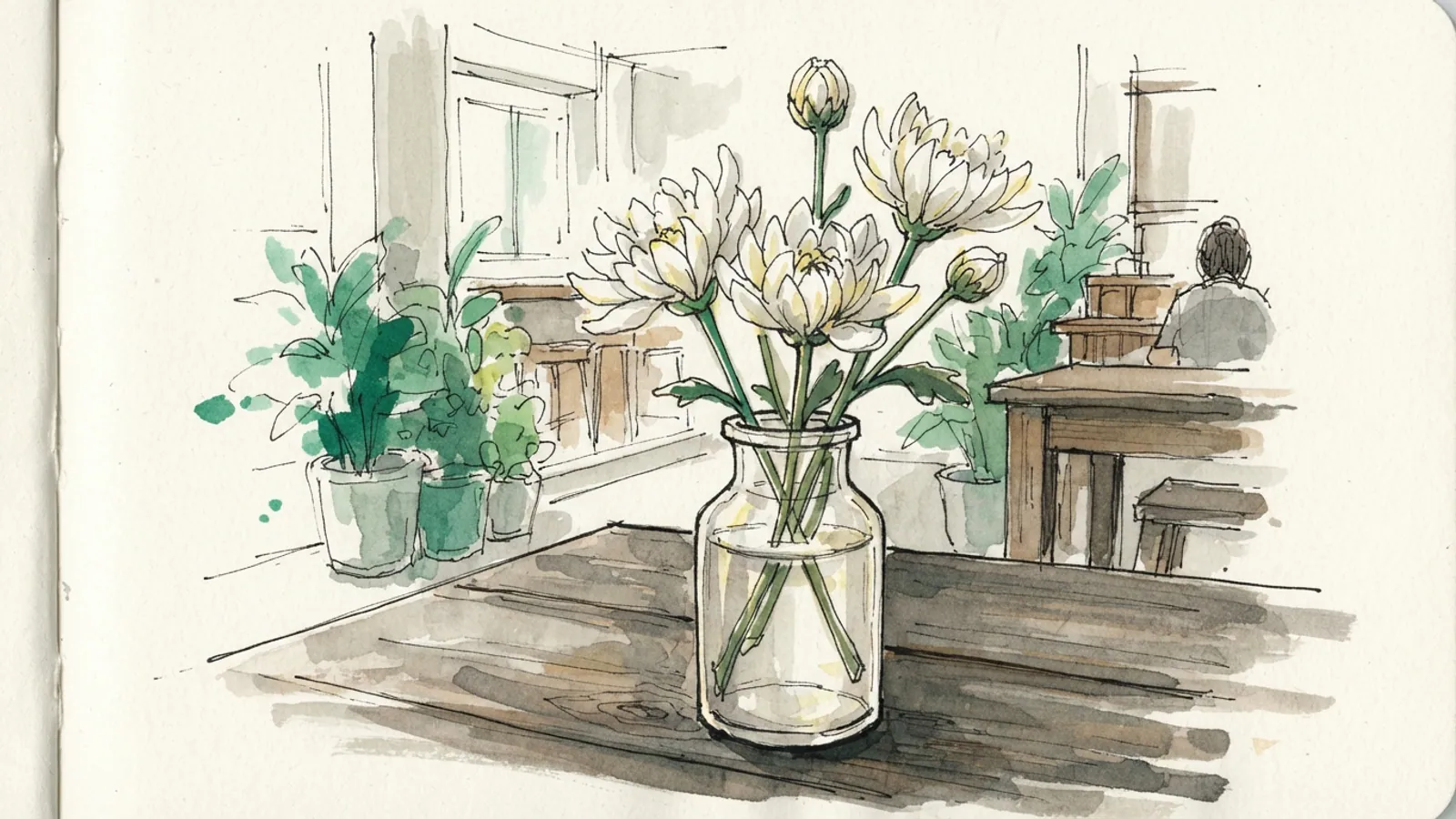 Three white chrysanthemums with buds in a glass vase on a wooden table.