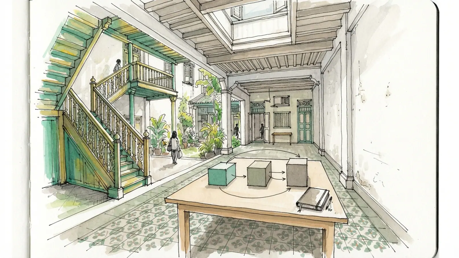 A shophouse interior with a courtyard, a table with three blocks connected by lines, and a closed notebook.