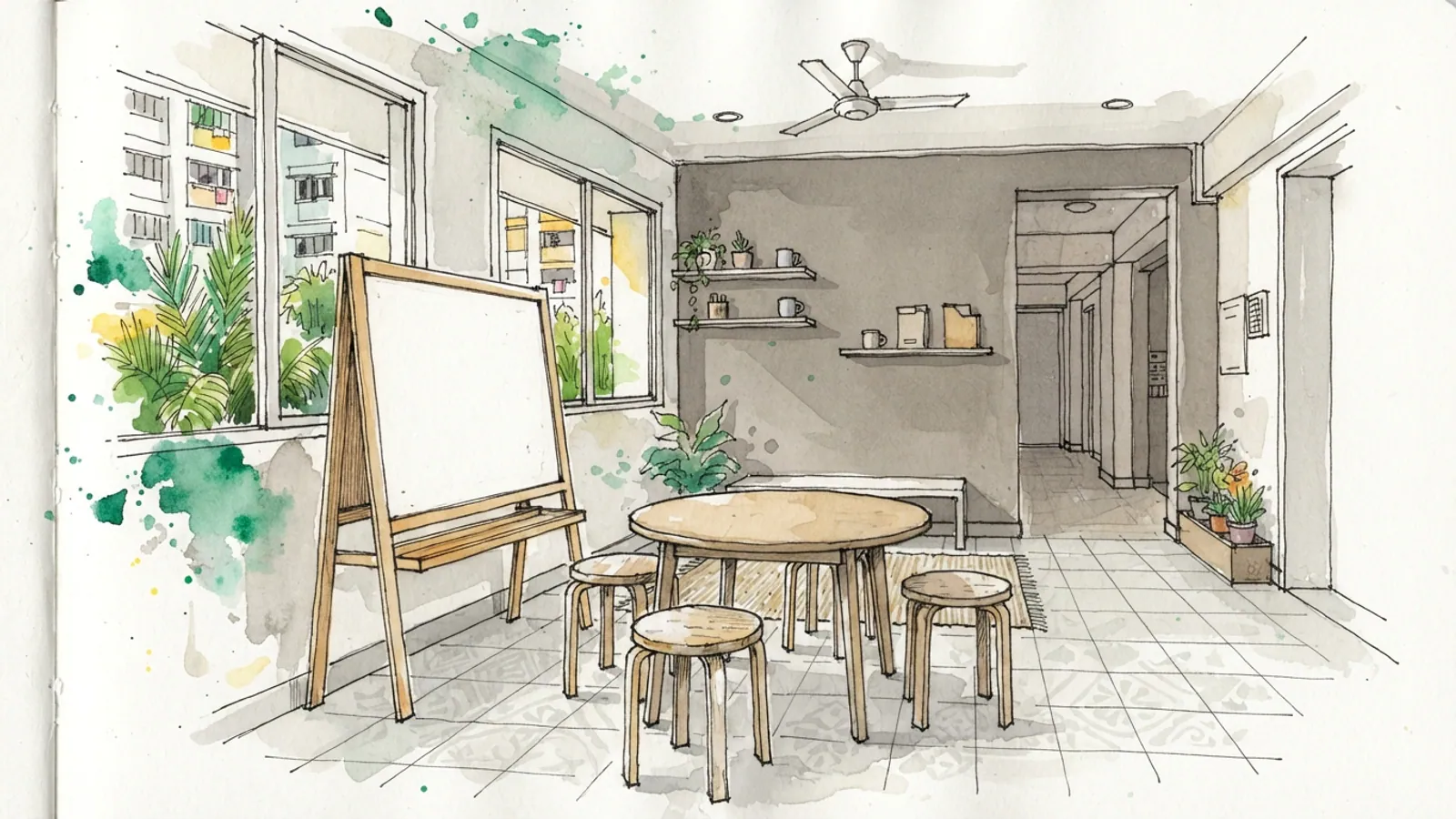 An empty HDB study area with a whiteboard easel and four wooden stools around a table.