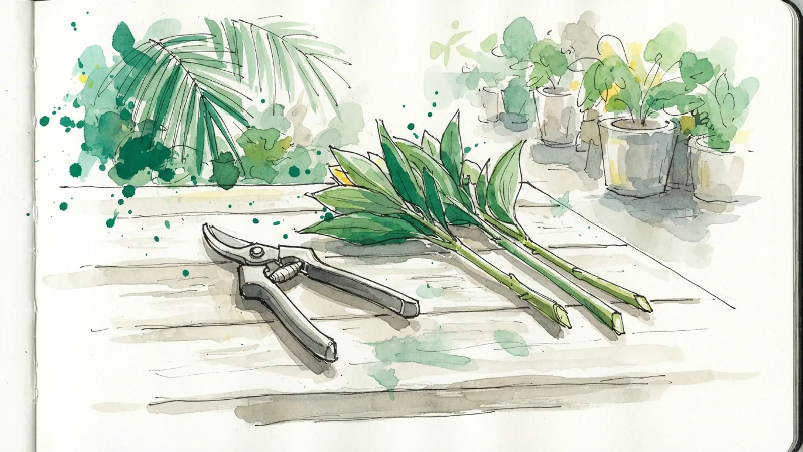 Gardening shears rest beside three cut flower stems on a light-colored surface.
