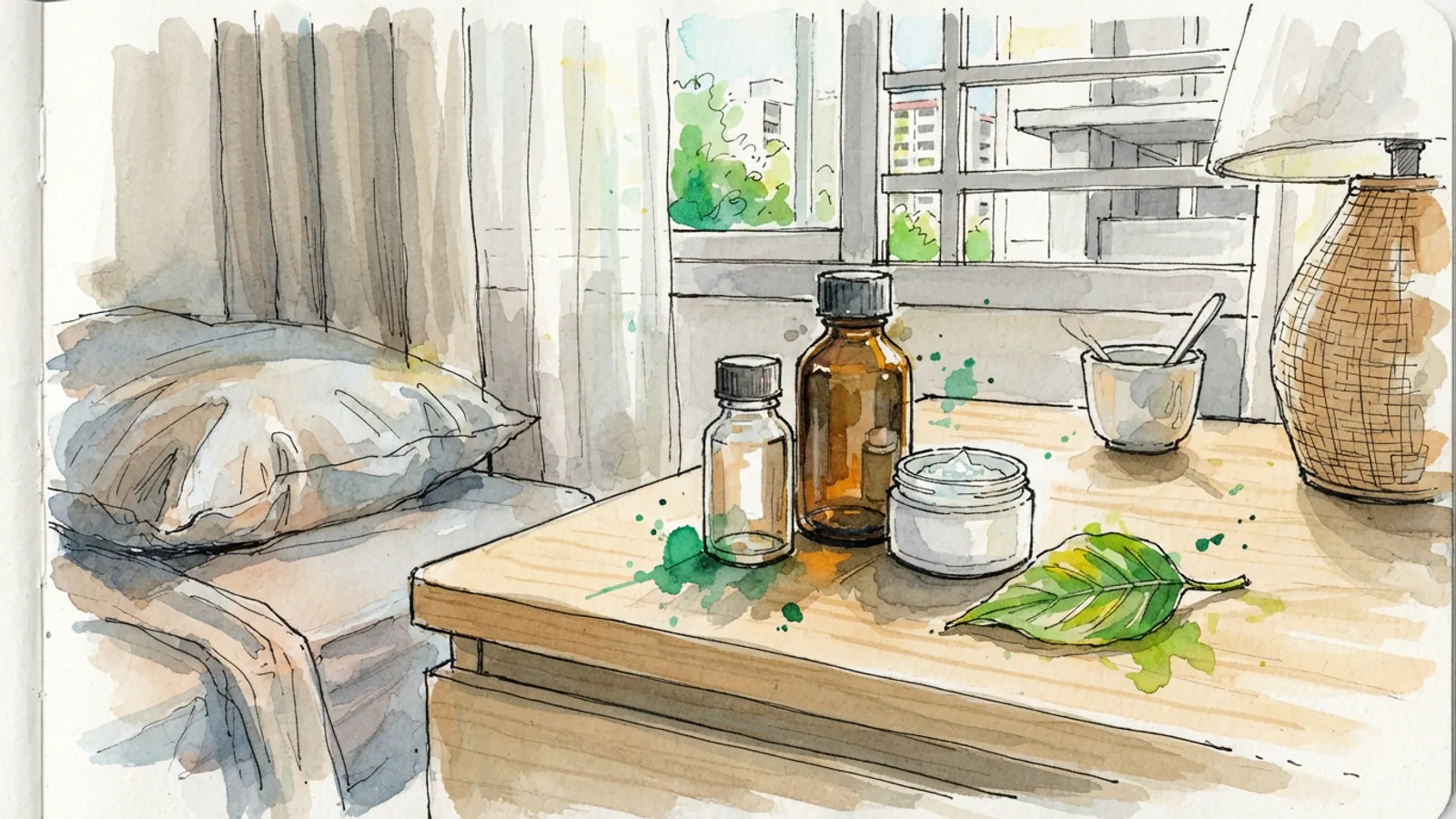 Two plain bottles and a small gel container sit on a nightstand with a tropical leaf.