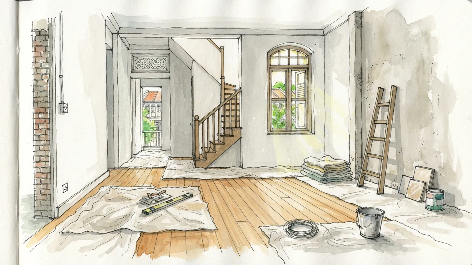 An empty shophouse living room with clean walls, new floor, and plain drop cloths.