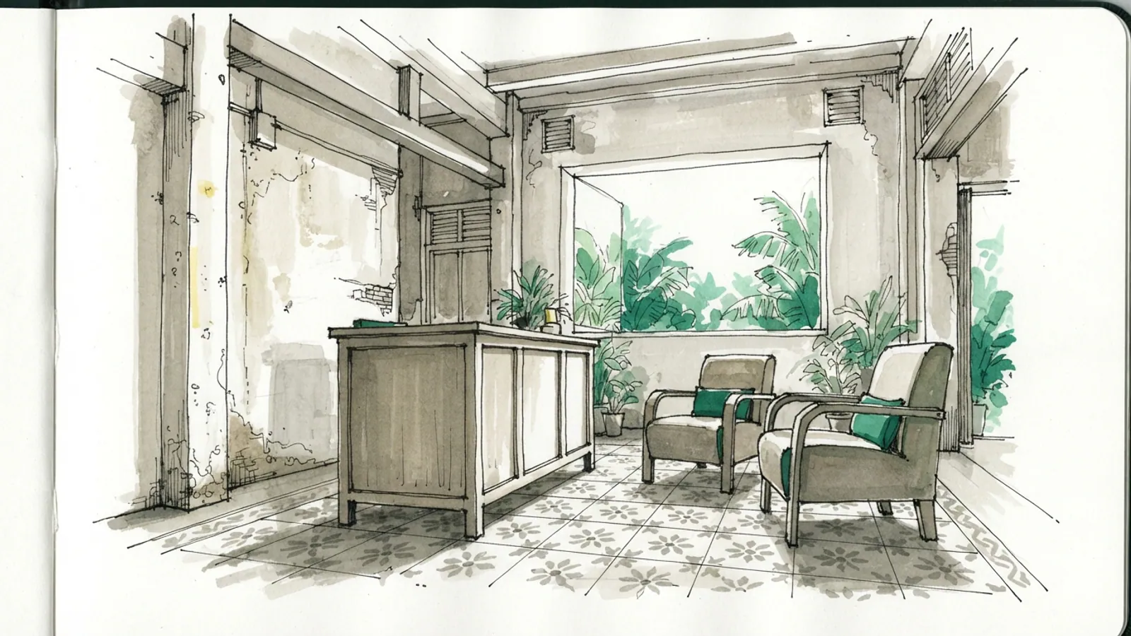 A bright, empty shophouse interior with a tall wooden desk and two plain armchairs.