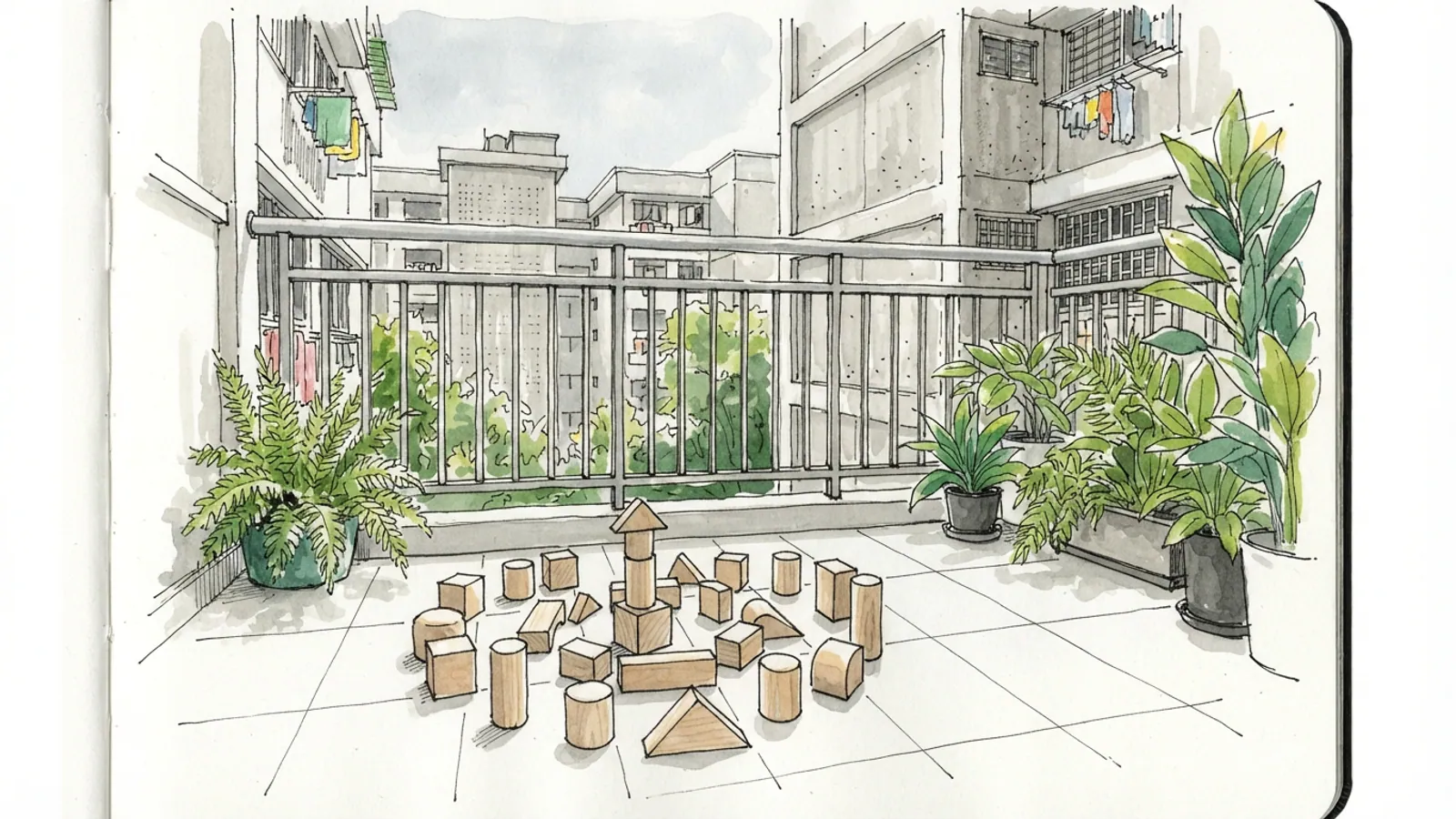 Unlabelled wooden building blocks are scattered on an HDB balcony with tropical plants.