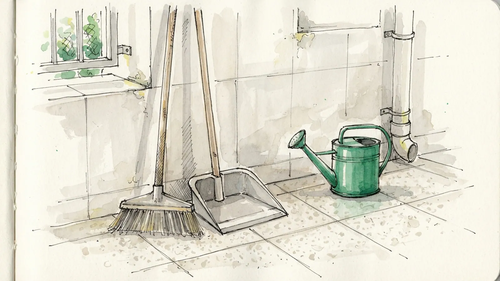 A plain broom, dustpan, and watering can lean against a wall in a service yard.