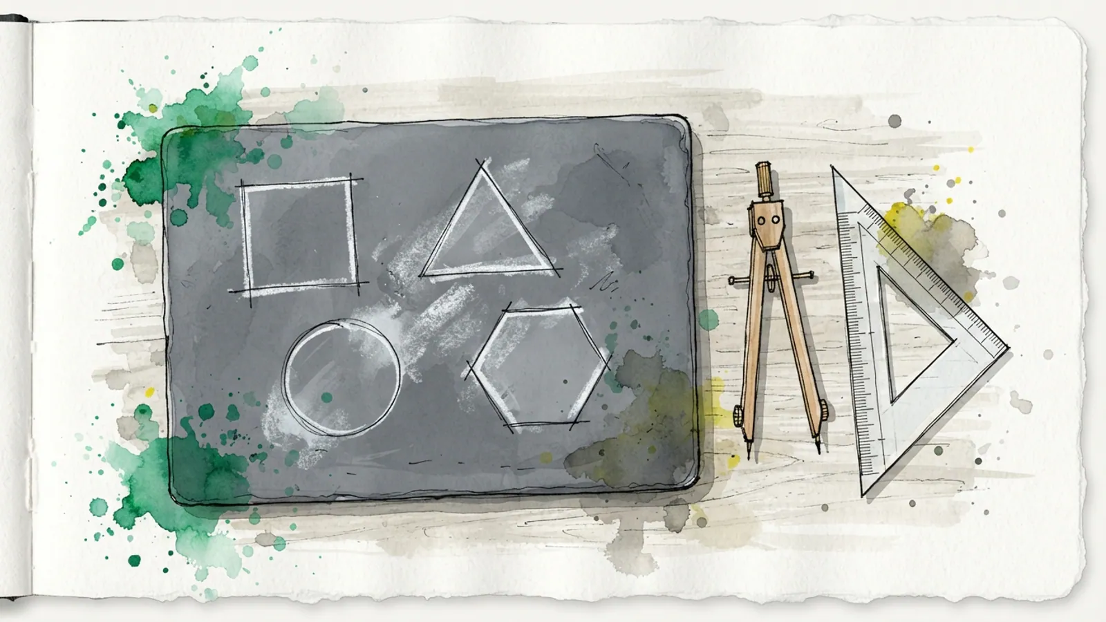 An unlabelled slate board with chalk drawings of geometric shapes, a compass, and set square.
