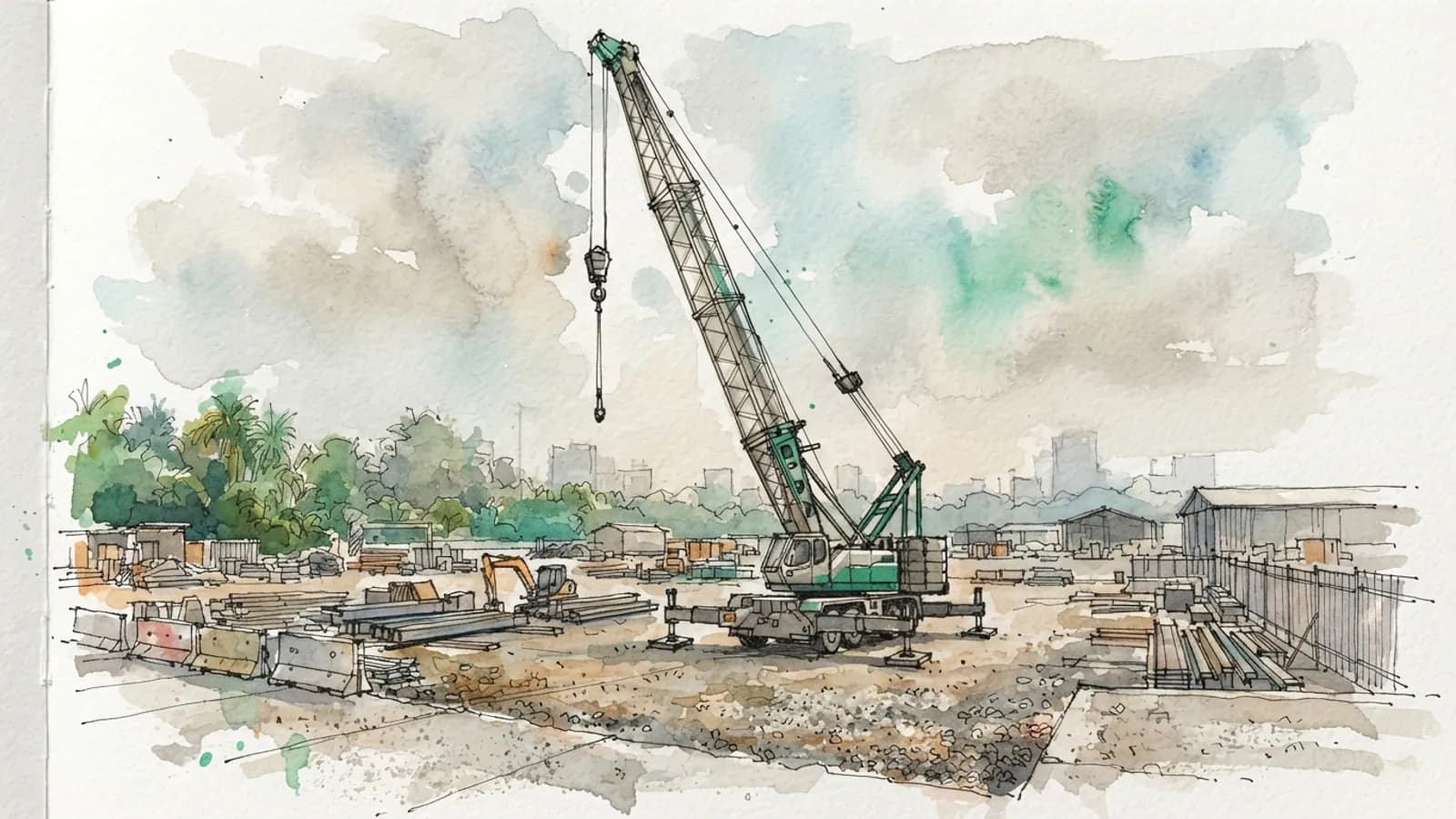 A large mobile crane with an extended boom stands in an empty construction yard.