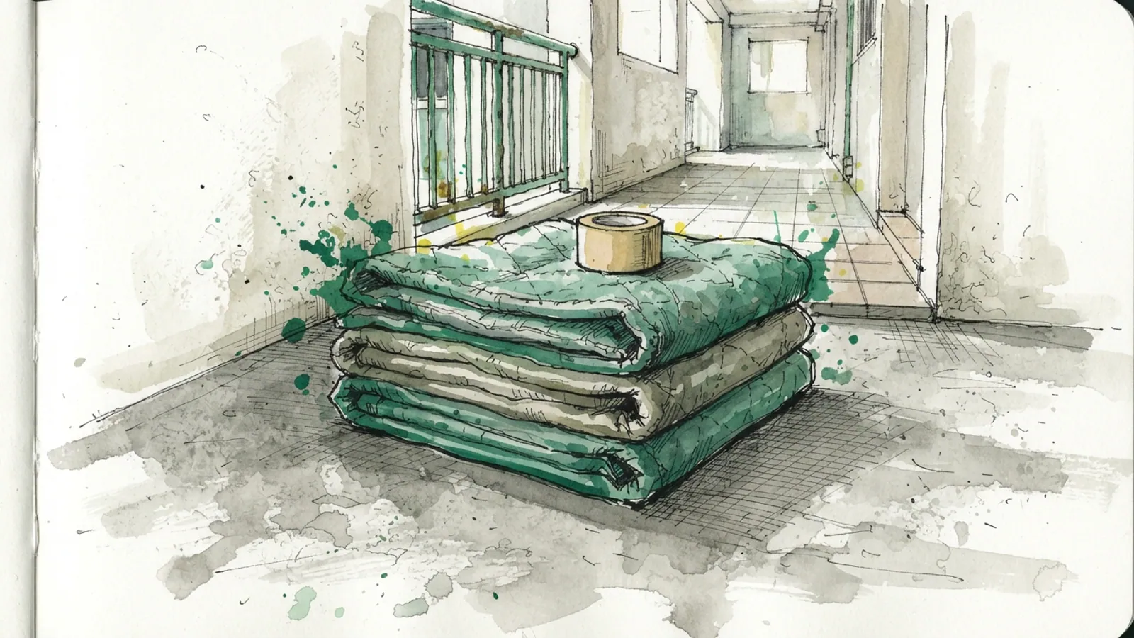 Three folded moving blankets and a tape roll sit on a concrete floor.