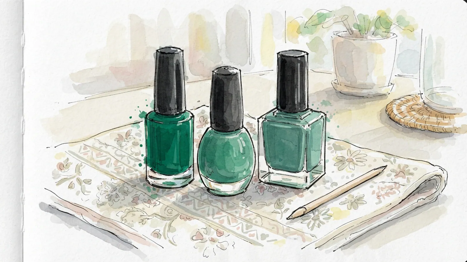 Three plain nail polish bottles and a cuticle stick sit on a patterned towel.