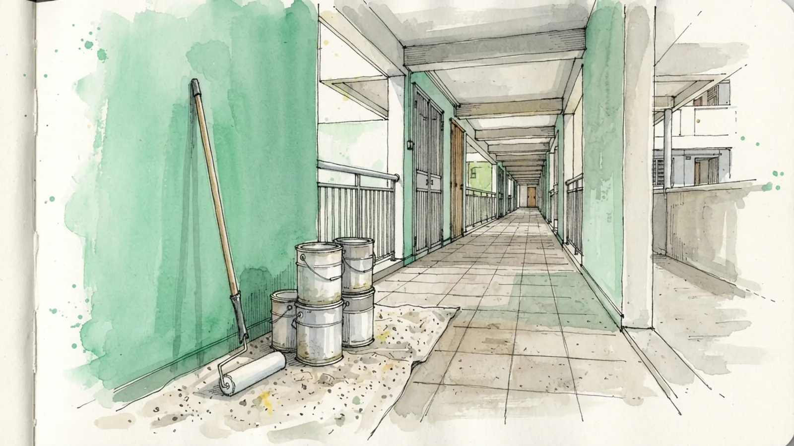A wide interior view of an empty HDB corridor with painting tools on a drop cloth.