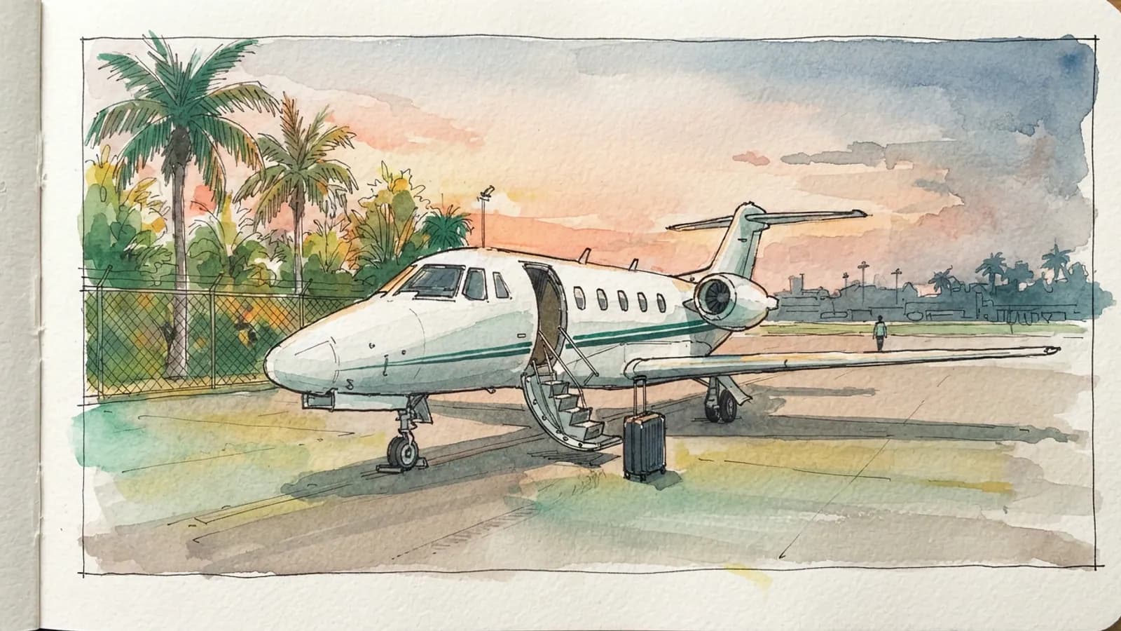 A private jet with its stairs lowered and a suitcase at the foot, palm trees beyond.