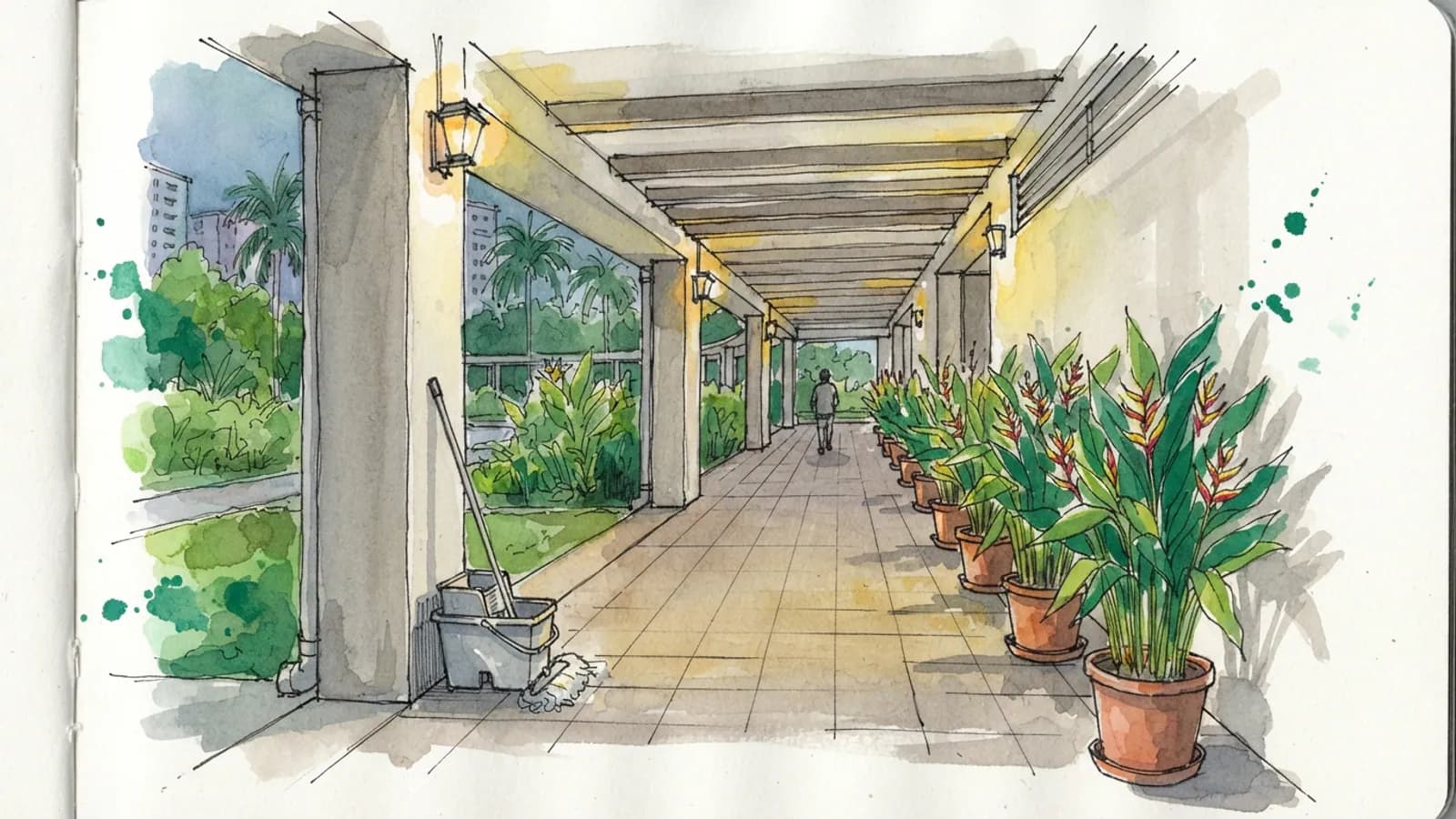 A covered walkway in a condominium with potted heliconias, a mop bucket, and a person walking.