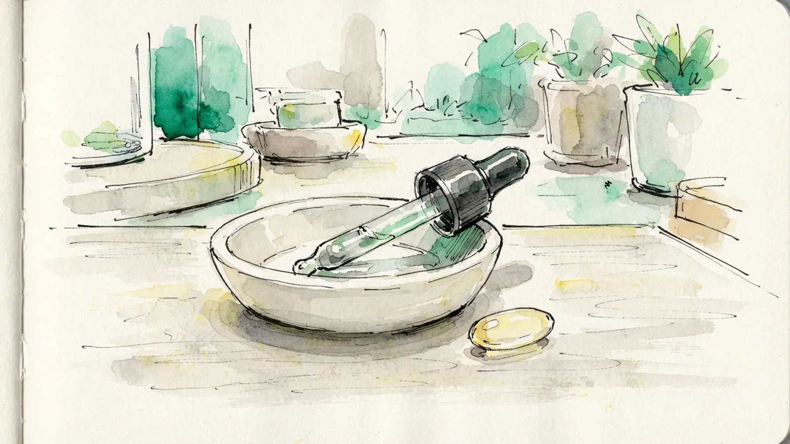 A glass pipette and a translucent capsule on a ceramic dish.