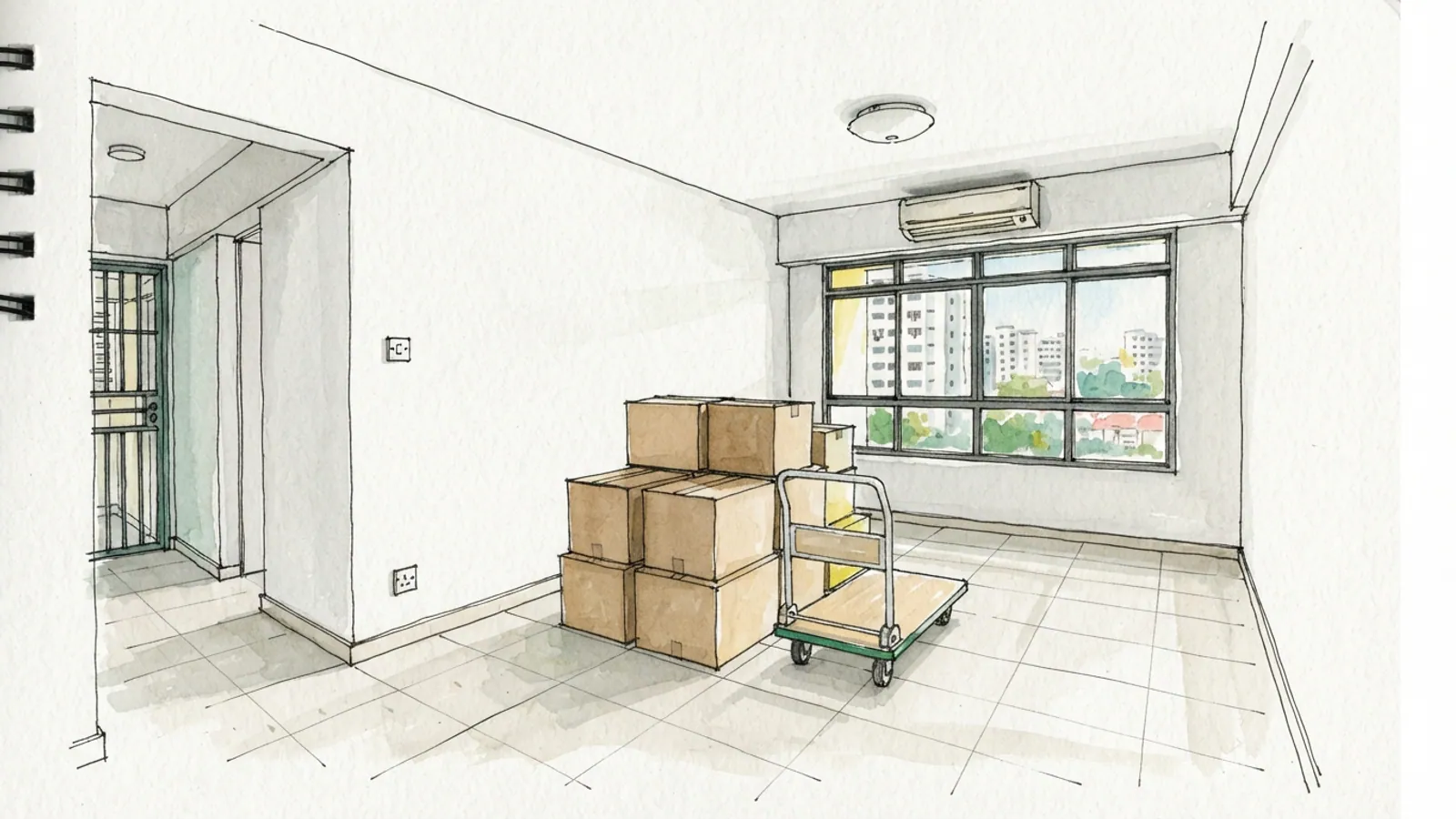 Empty moving boxes and a trolley in an HDB living room.