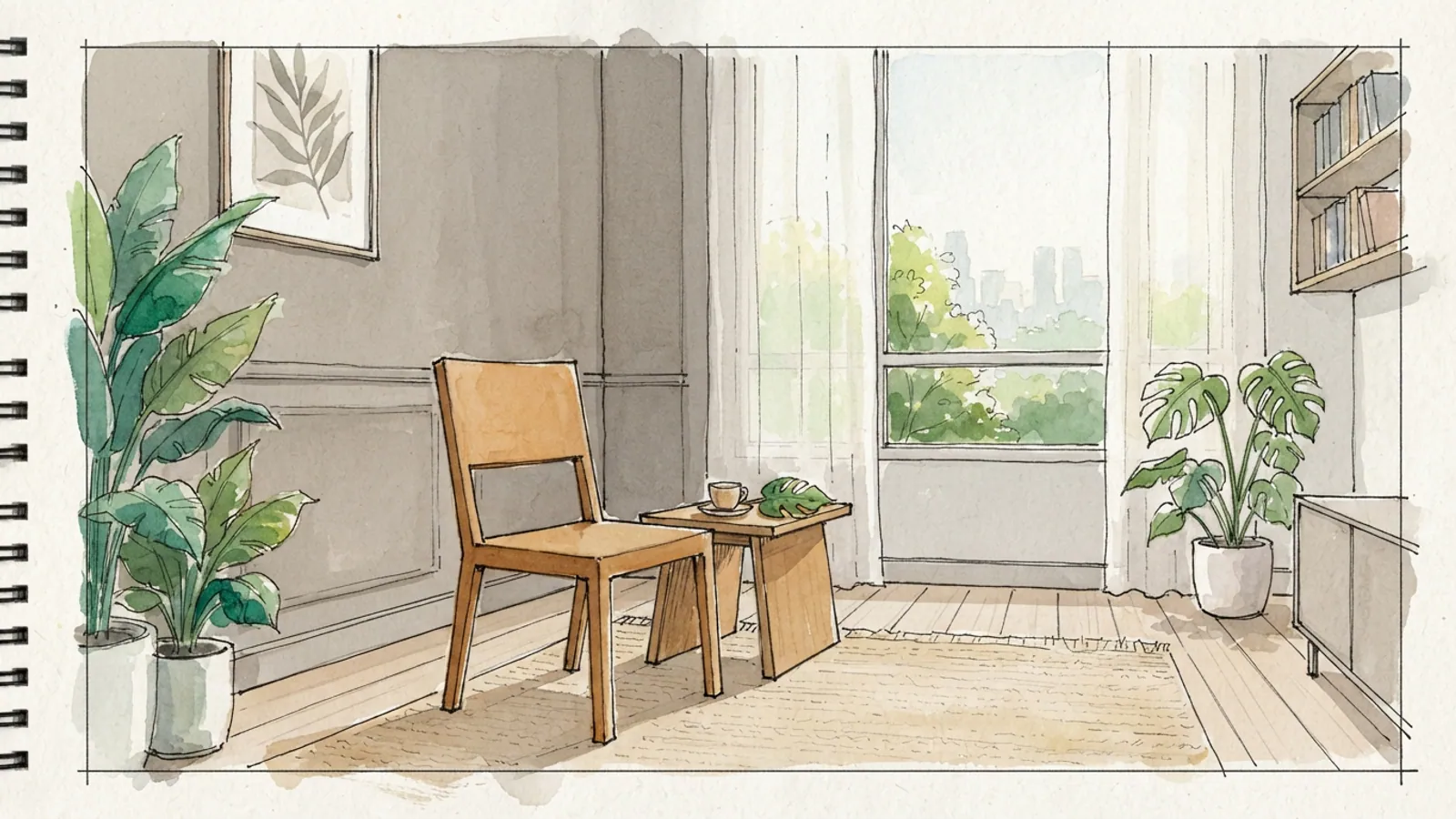 A quiet room with a wooden chair, a small table with a cup, and potted plants.