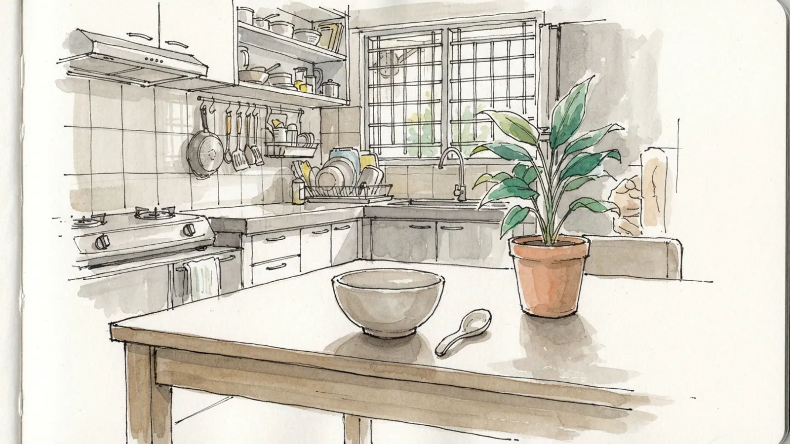 A kitchen with a wooden table, an empty bowl, a spoon, and a potted plant.
