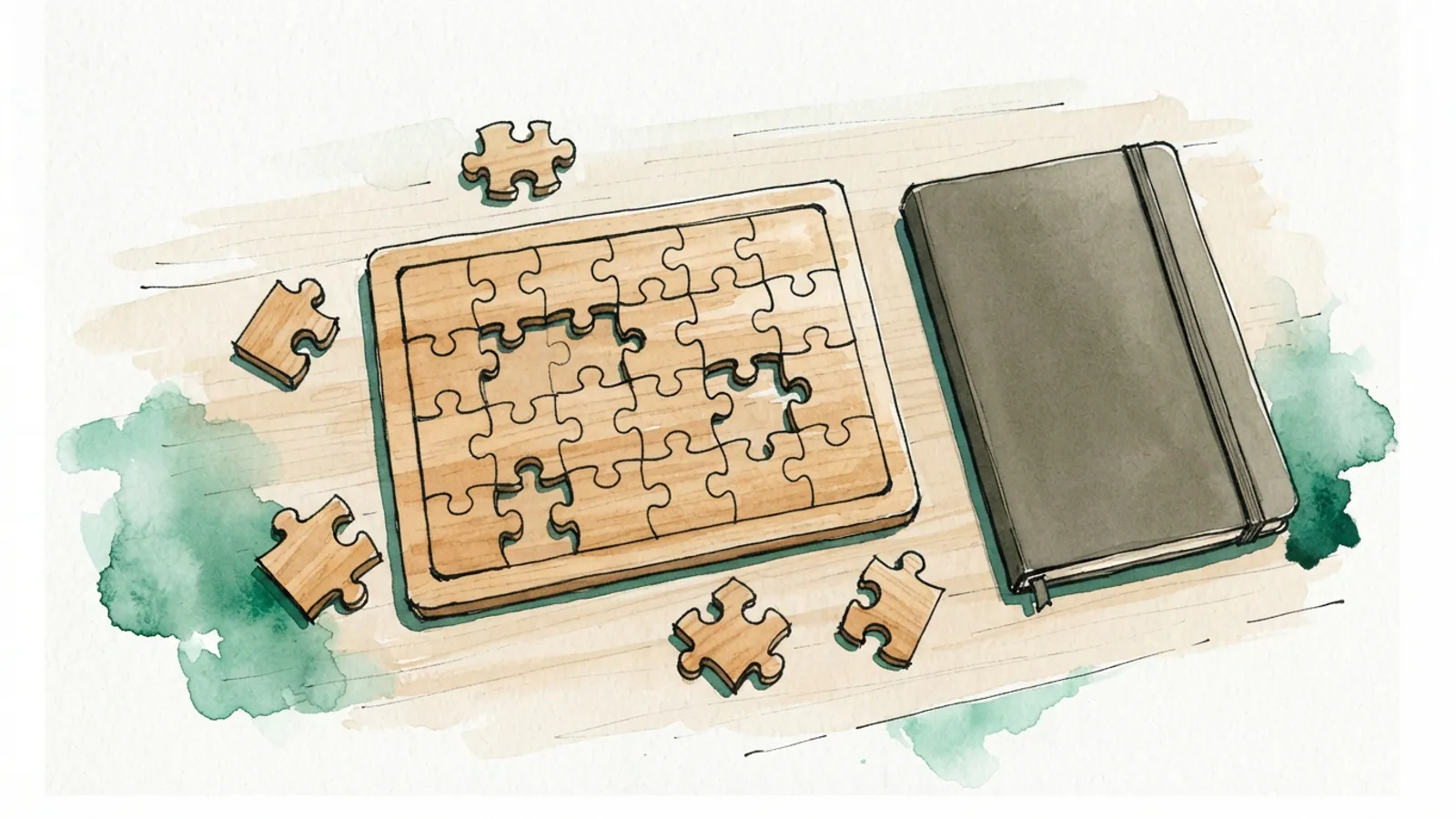 A flat lay of a plain wooden puzzle with separated pieces on a light surface.
