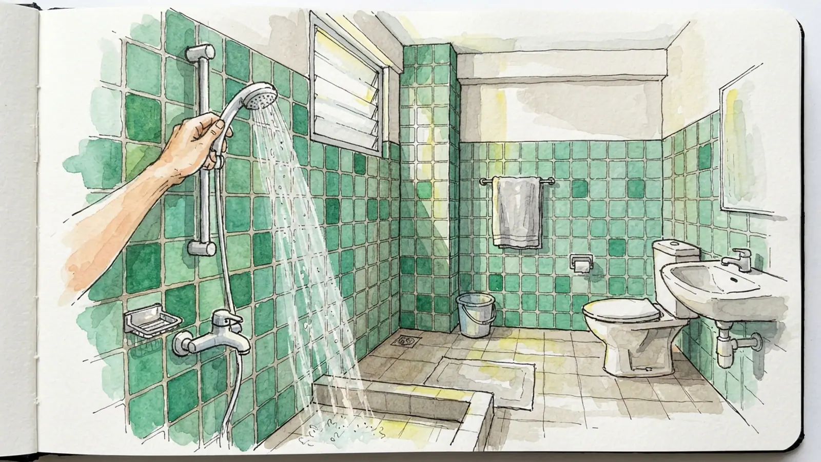A hand adjusts a plain shower head releasing water in a bathroom with green tiled walls.