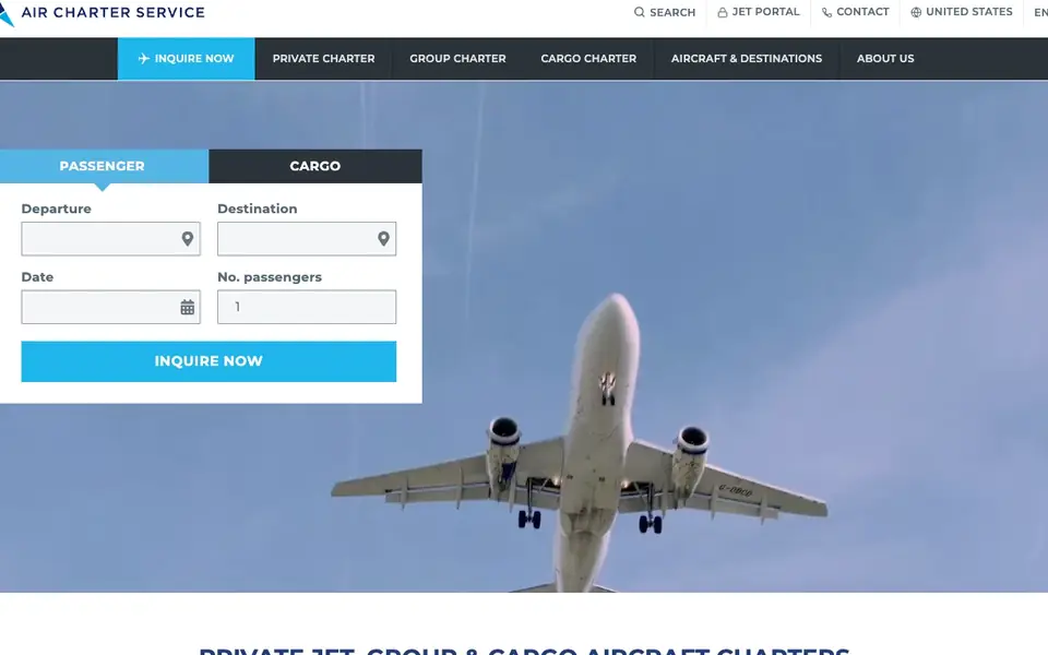 Air Charter Services website homepage, 4 Oct 2026