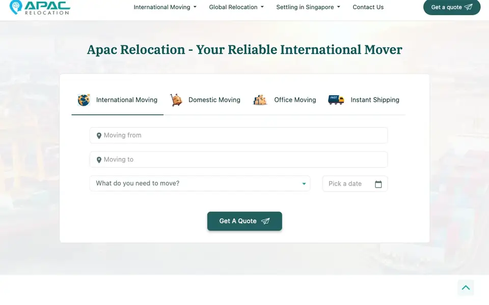 APAC Relocation website homepage, 4 Oct 2026