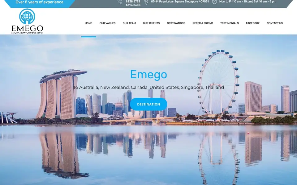Emego Migration Consulting Pte Ltd website homepage, 4 Oct 2026