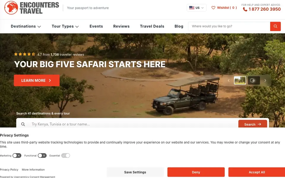 Encounters Travel website homepage, 4 Oct 2026