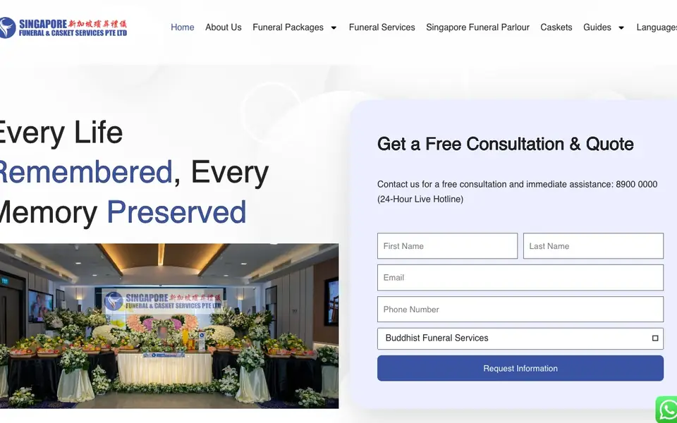 Singapore Funeral & Casket Services website homepage, 4 Oct 2026
