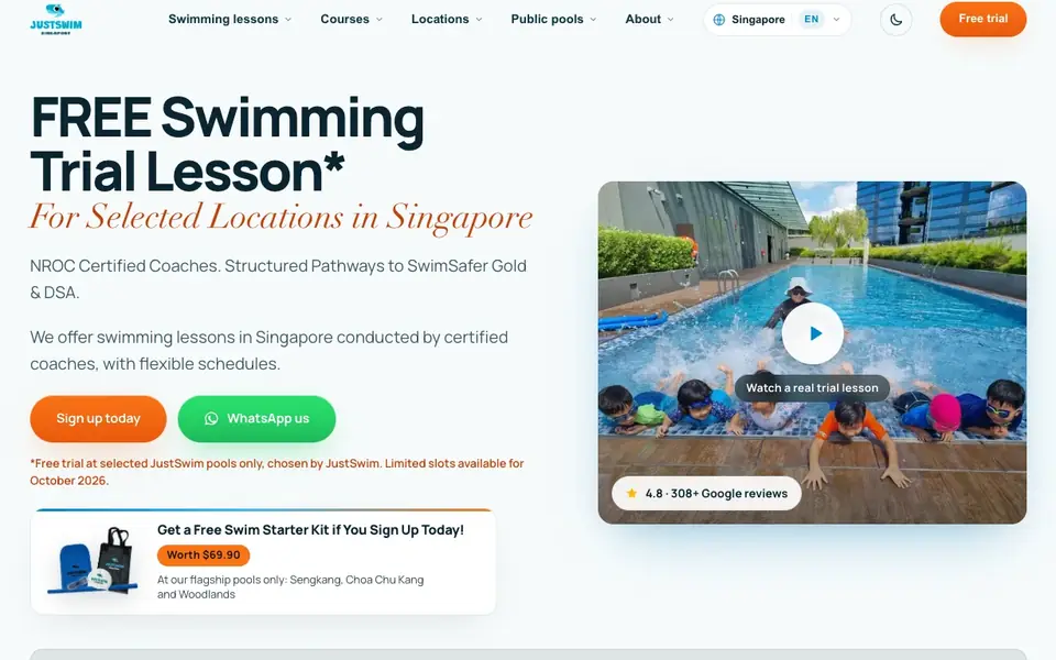 JustSwim Singapore website homepage, 4 Oct 2026