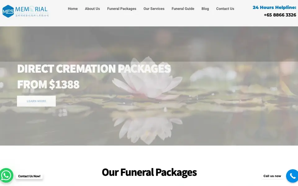 Memorial Funeral Specialist Pte Ltd website homepage, 4 Oct 2026
