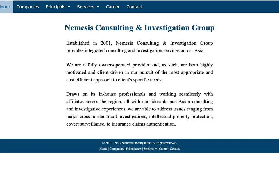 Nemesis Investigations Pte Ltd website homepage, 4 Oct 2026