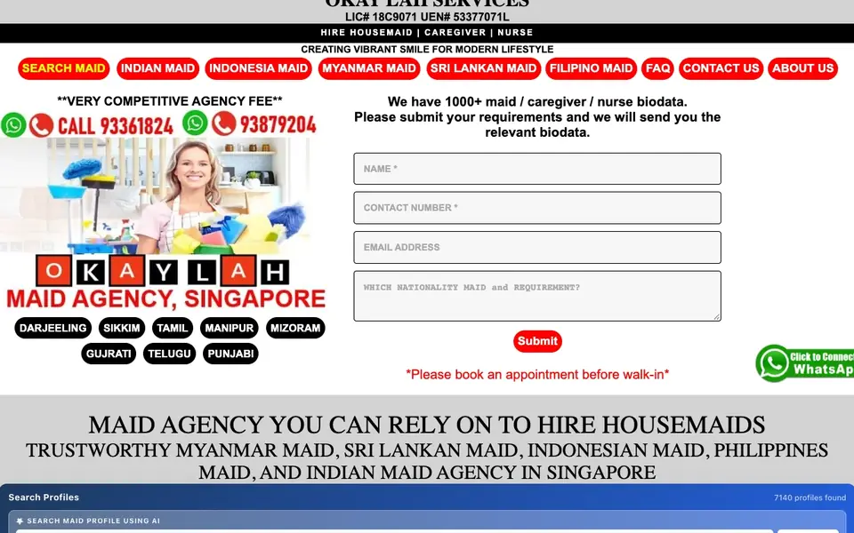 OkayLah Services Indian Maid Agency website homepage, 4 Oct 2026
