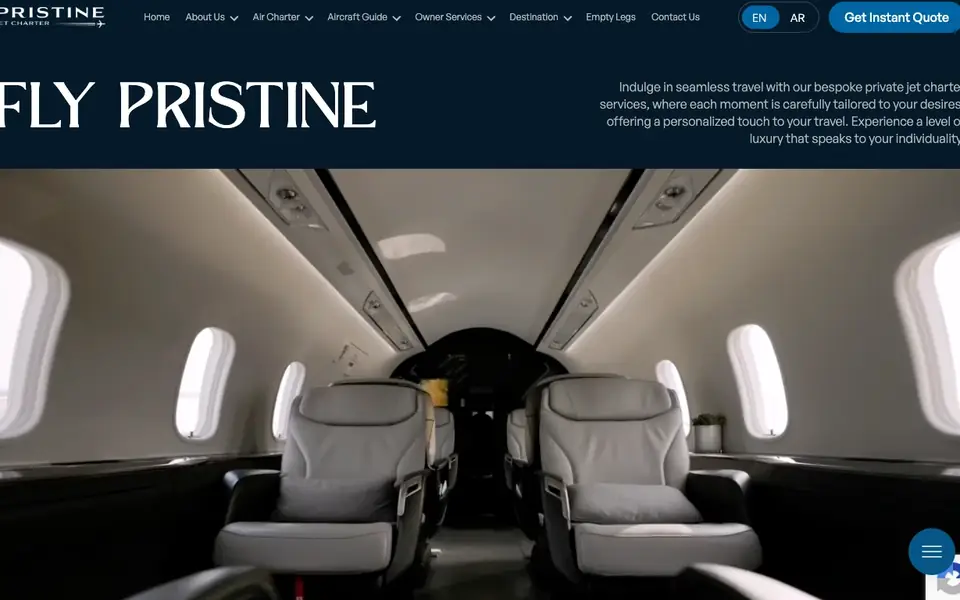 Pristine Jet Charter website homepage, 4 Oct 2026