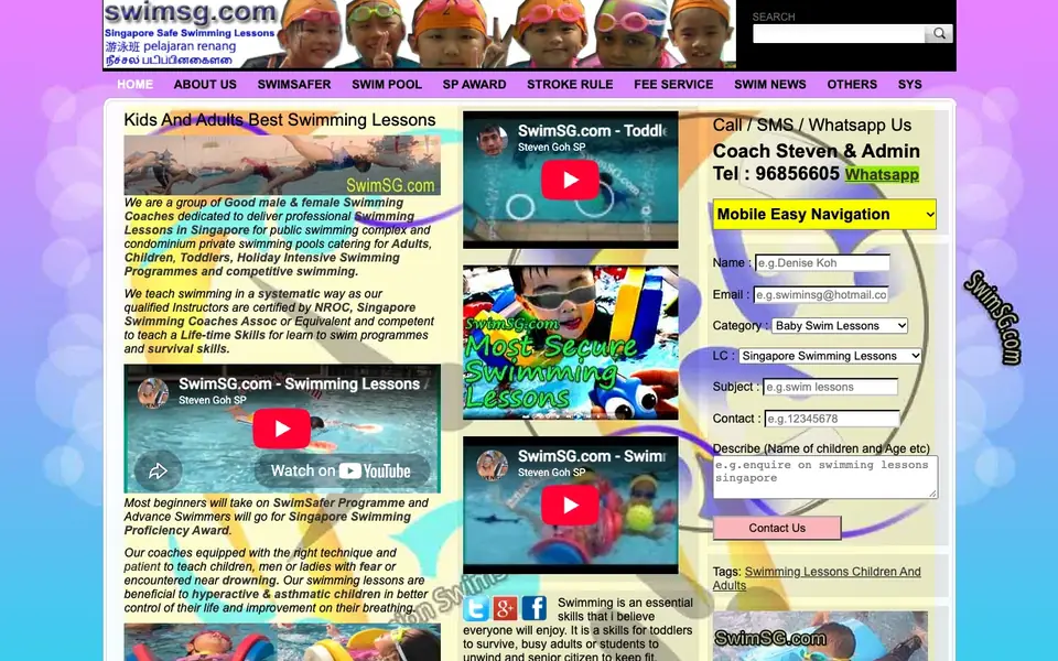 Singapore SwimSG Swimming Lessons website homepage, 4 Oct 2026