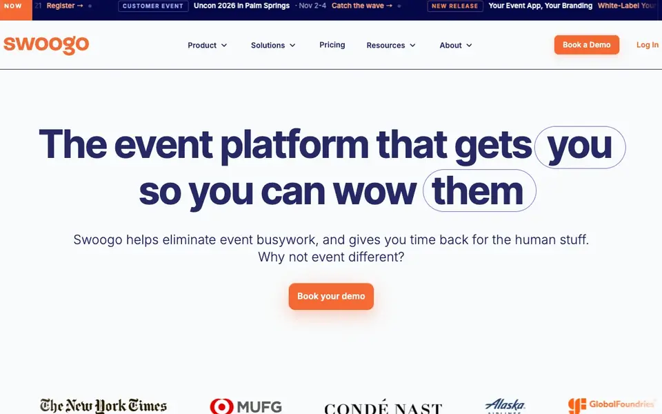 Swoogo website homepage, 4 Oct 2026