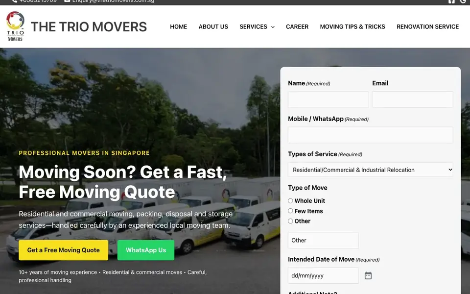 The Trio Movers website homepage, 4 Oct 2026