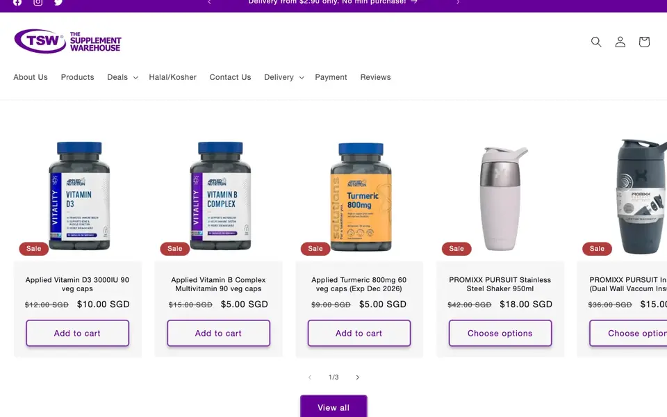 The Supplement Warehouse website homepage, 4 Oct 2026