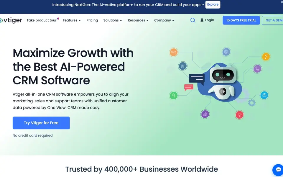 Vtiger CRM website homepage, 4 Oct 2026