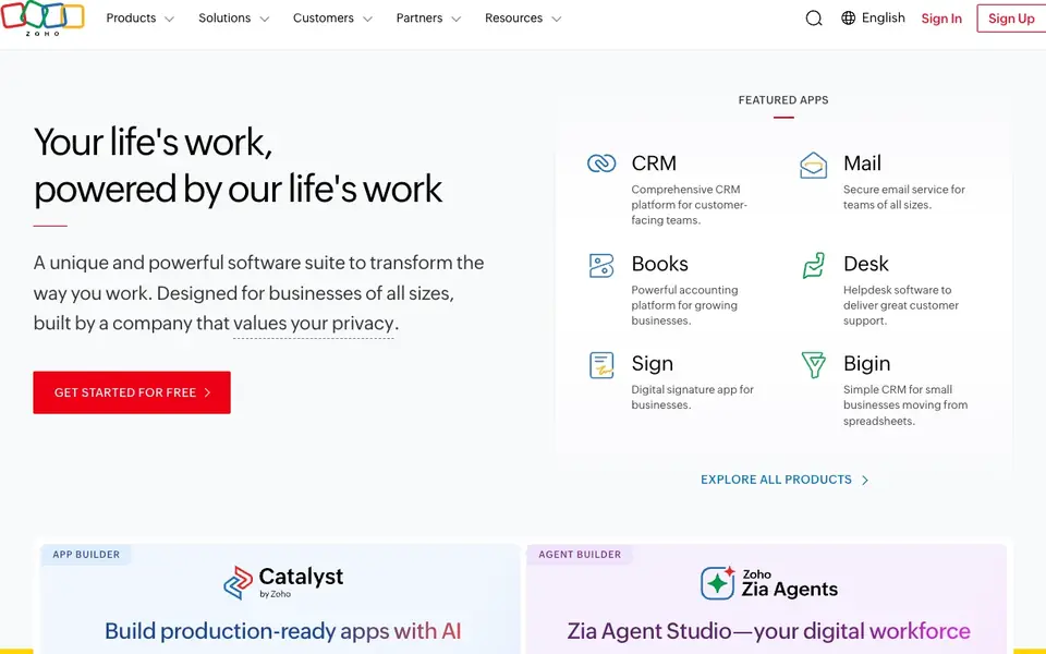 Zoho CRM website homepage, 4 Oct 2026